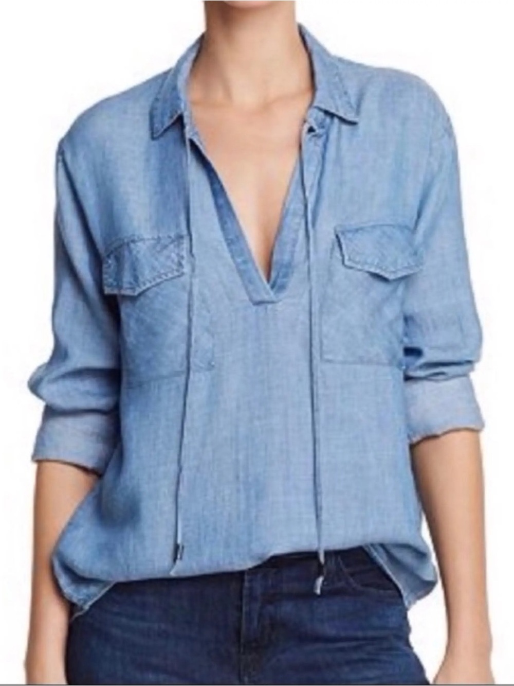 Rails Selena Blue Linen Blend Denim Chambray Roll Tab Sleeve Shirt Womens Sz. XS